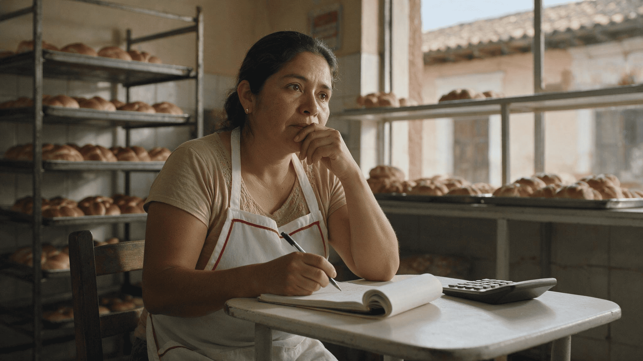 Dueña de panadería anotando cuentas después de horario