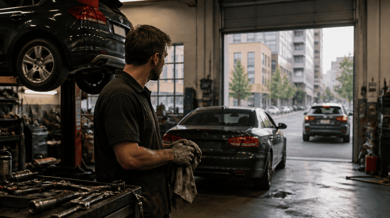 Taller mecánico con varios autos en fila de espera