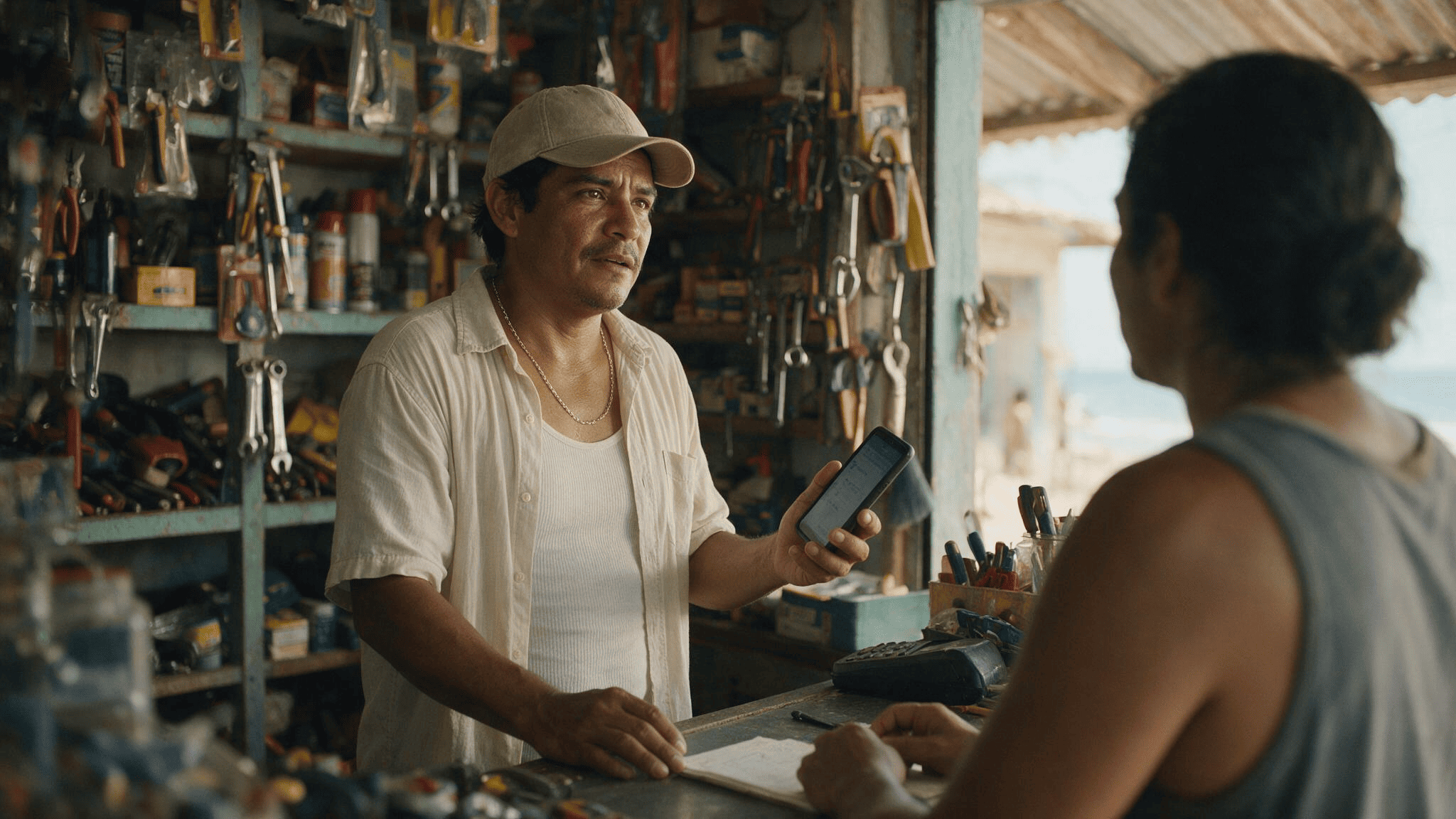 Dueño de ferretería atendiendo mientras responde el celular