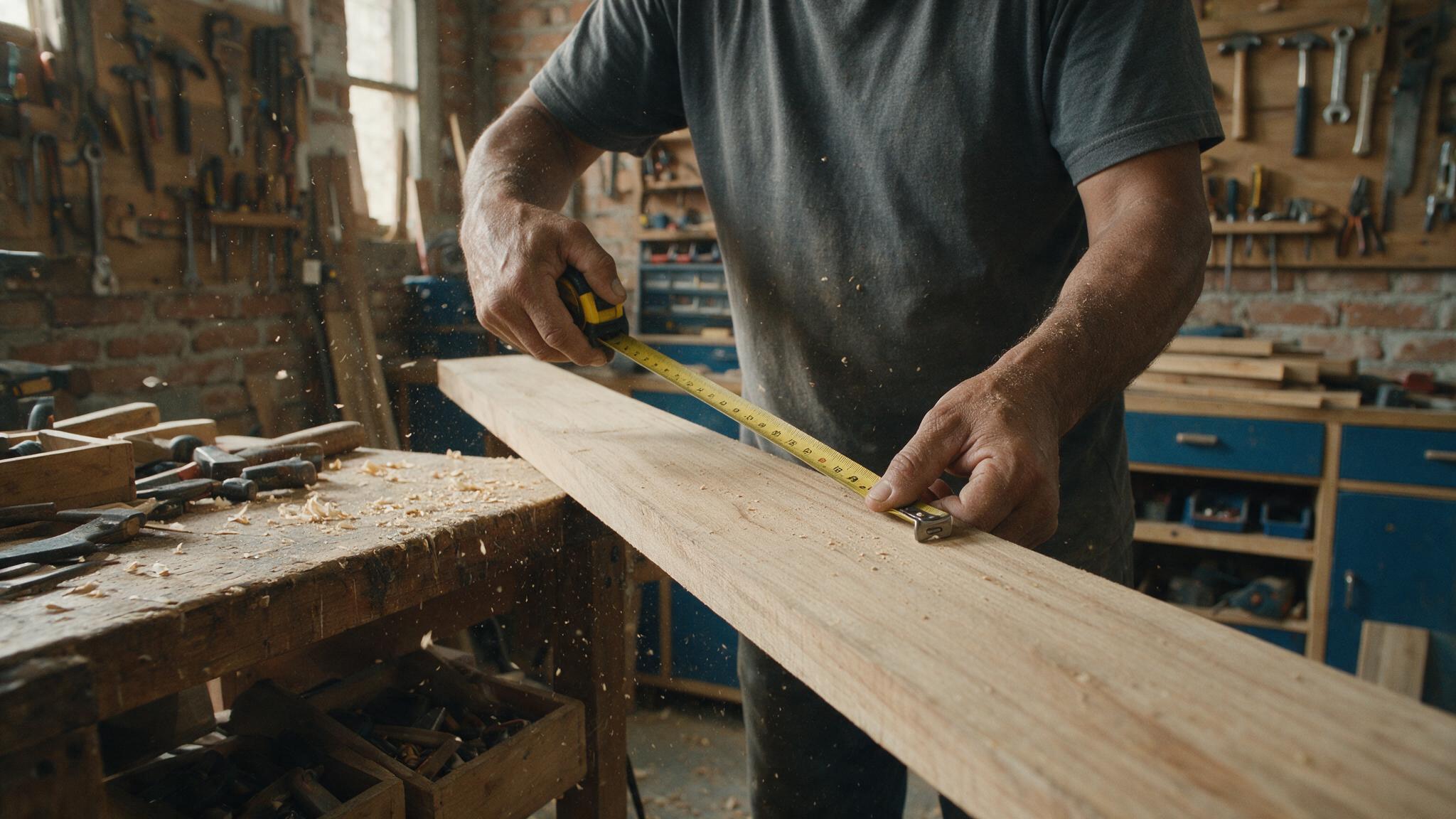 Carpintero midiendo un tablón de madera en su taller