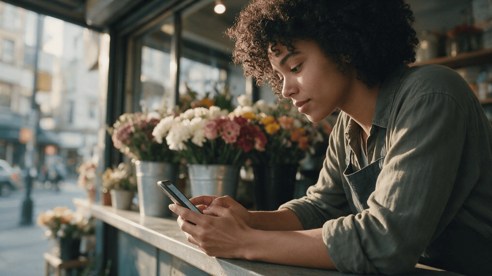 Manos escribiendo en el celular en el mostrador de una florería