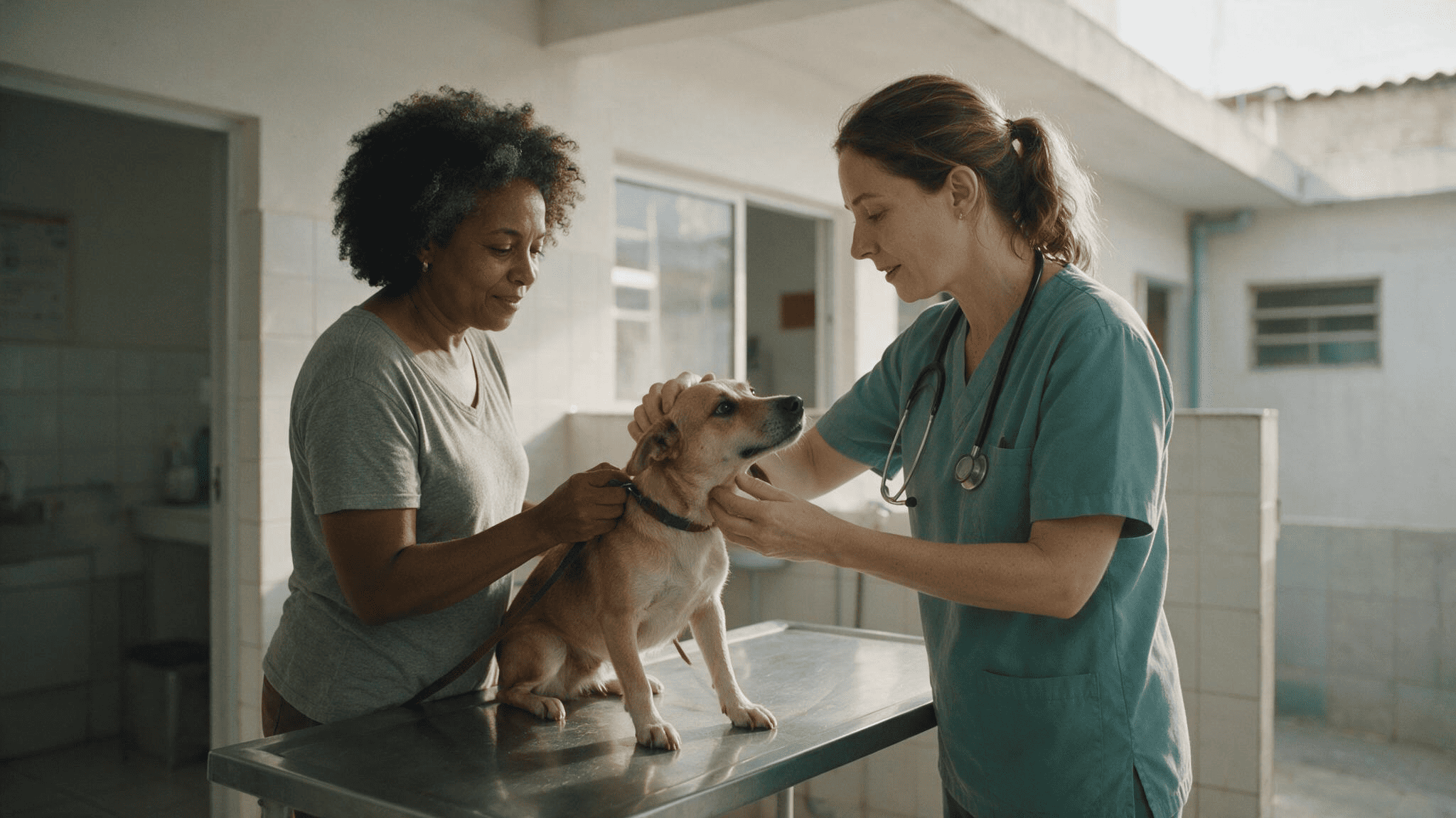 Veterinaria atendiendo a un perro junto a su dueña
