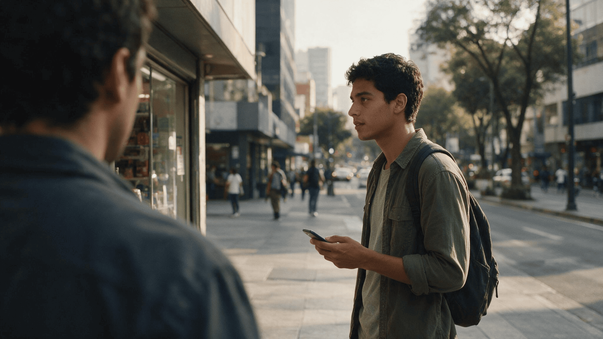 Persona mirando el celular en la calle frente a un local