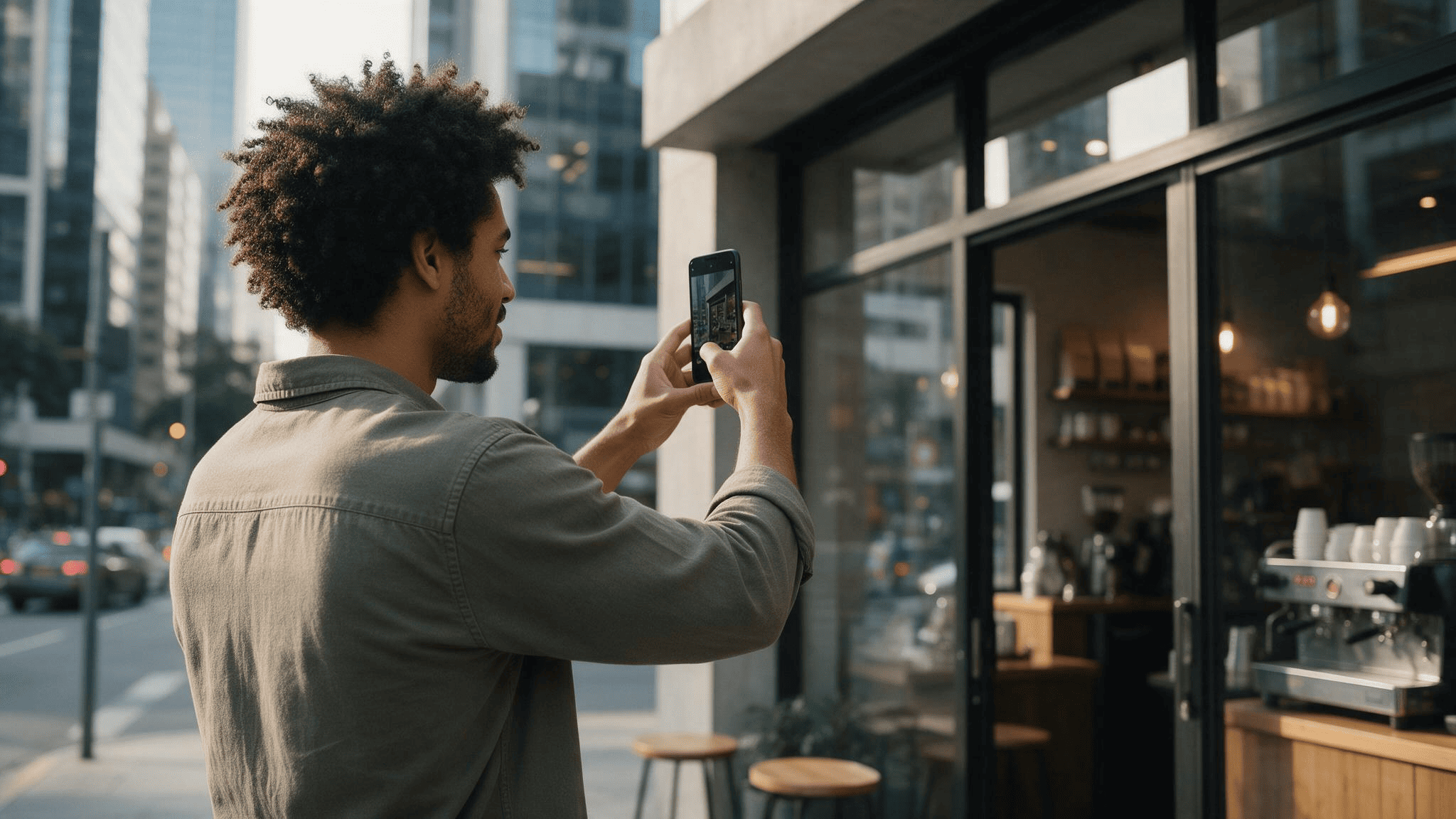 Dueño de una cafetería fotografiando la entrada de su local para su Perfil de Empresa de Google
