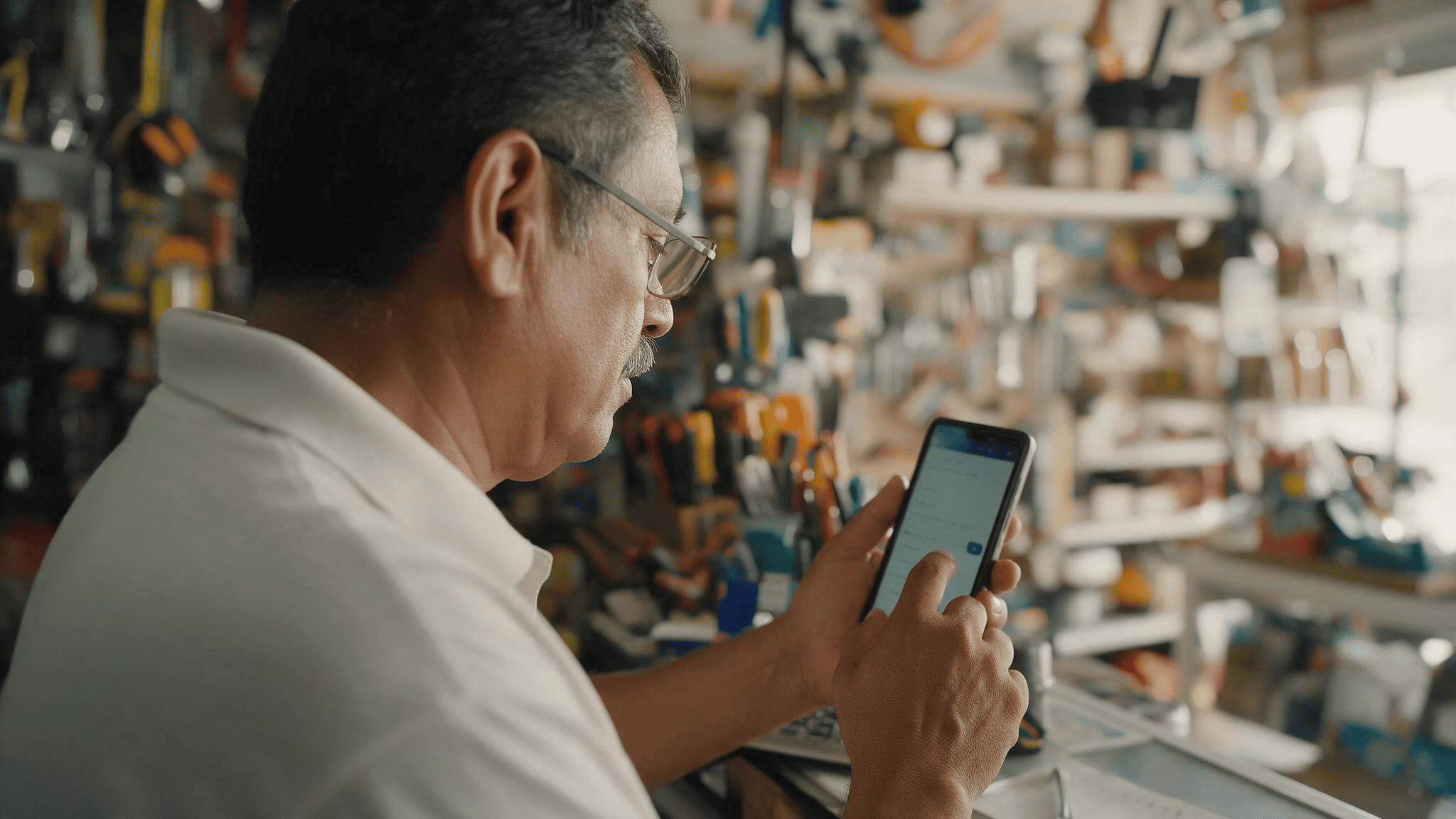 Dueño de una ferretería completando su Perfil de Empresa de Google desde el mostrador