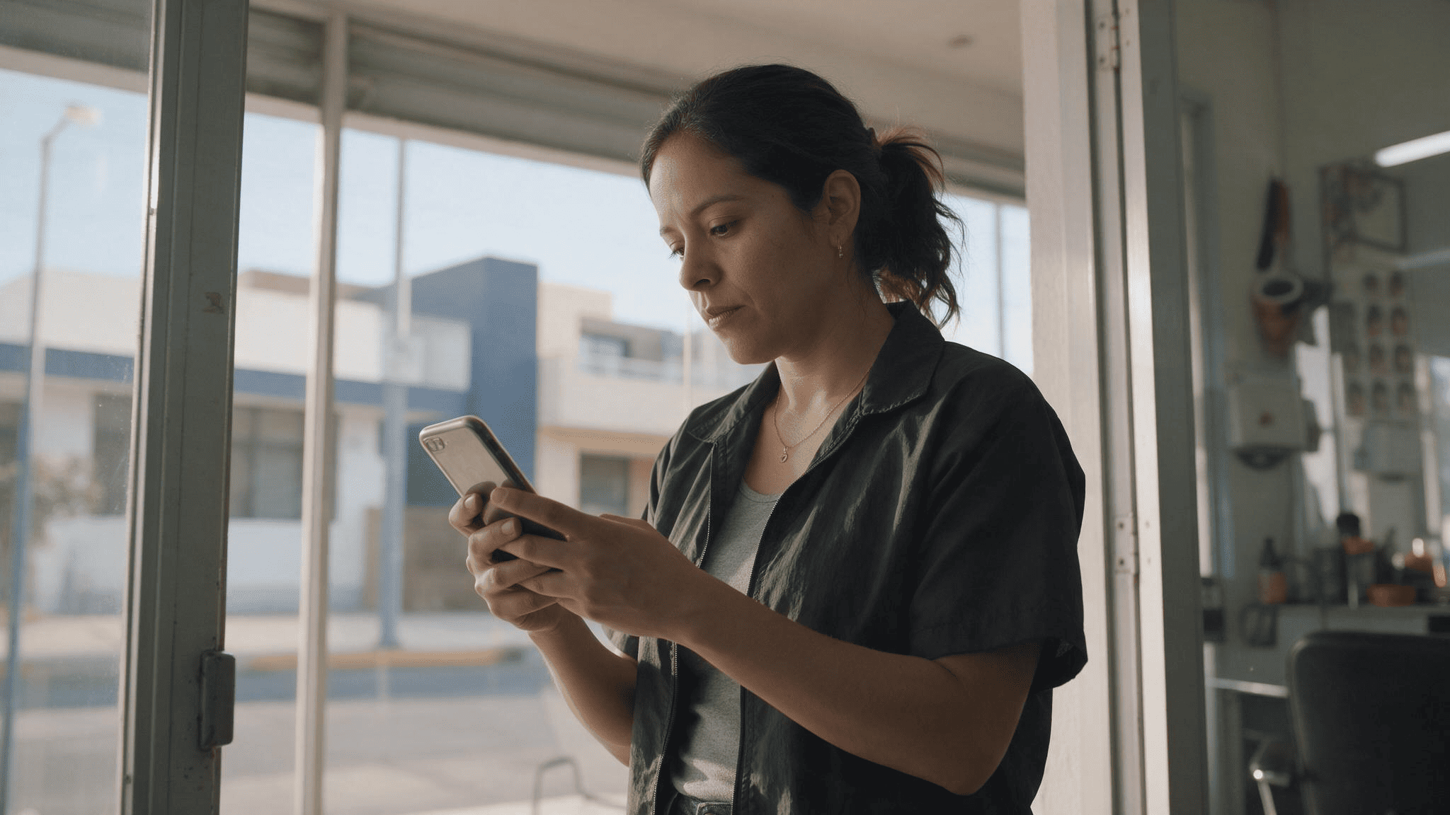 Dueña de un salón de belleza revisando su Perfil de Empresa de Google desde el celular en la puerta de su local