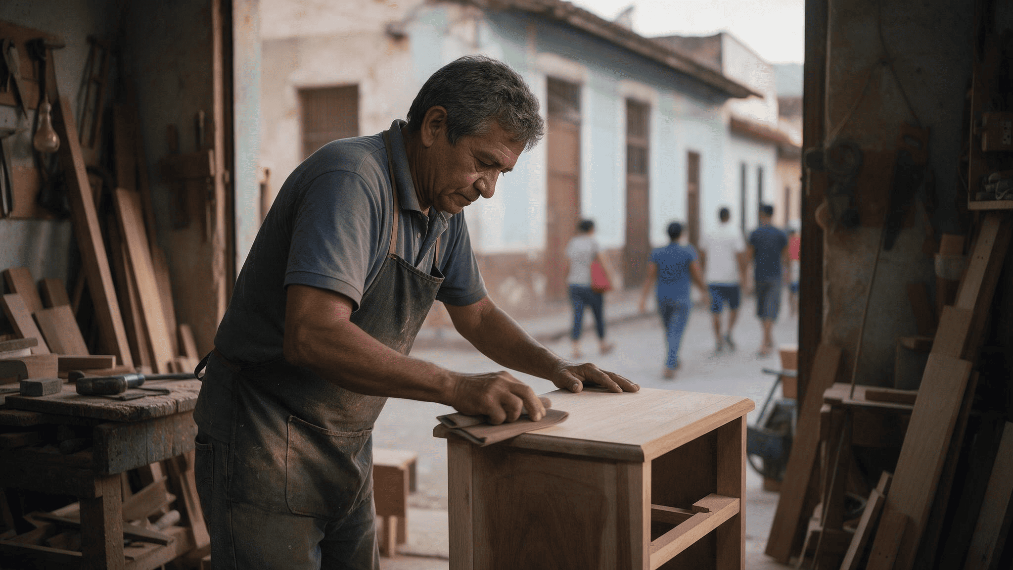 Carpintero trabajando en su taller mientras la gente pasa por la calle sin notarlo