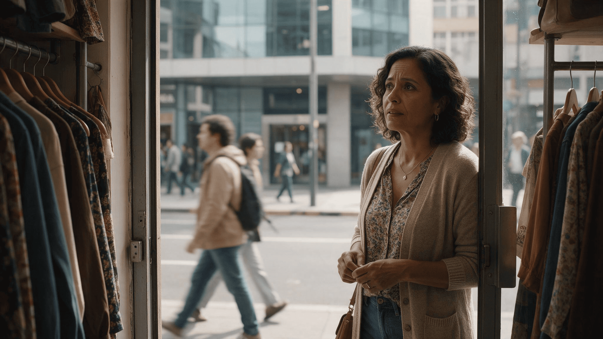 Dueña de una tienda de ropa mirando hacia la calle desde la puerta de su local